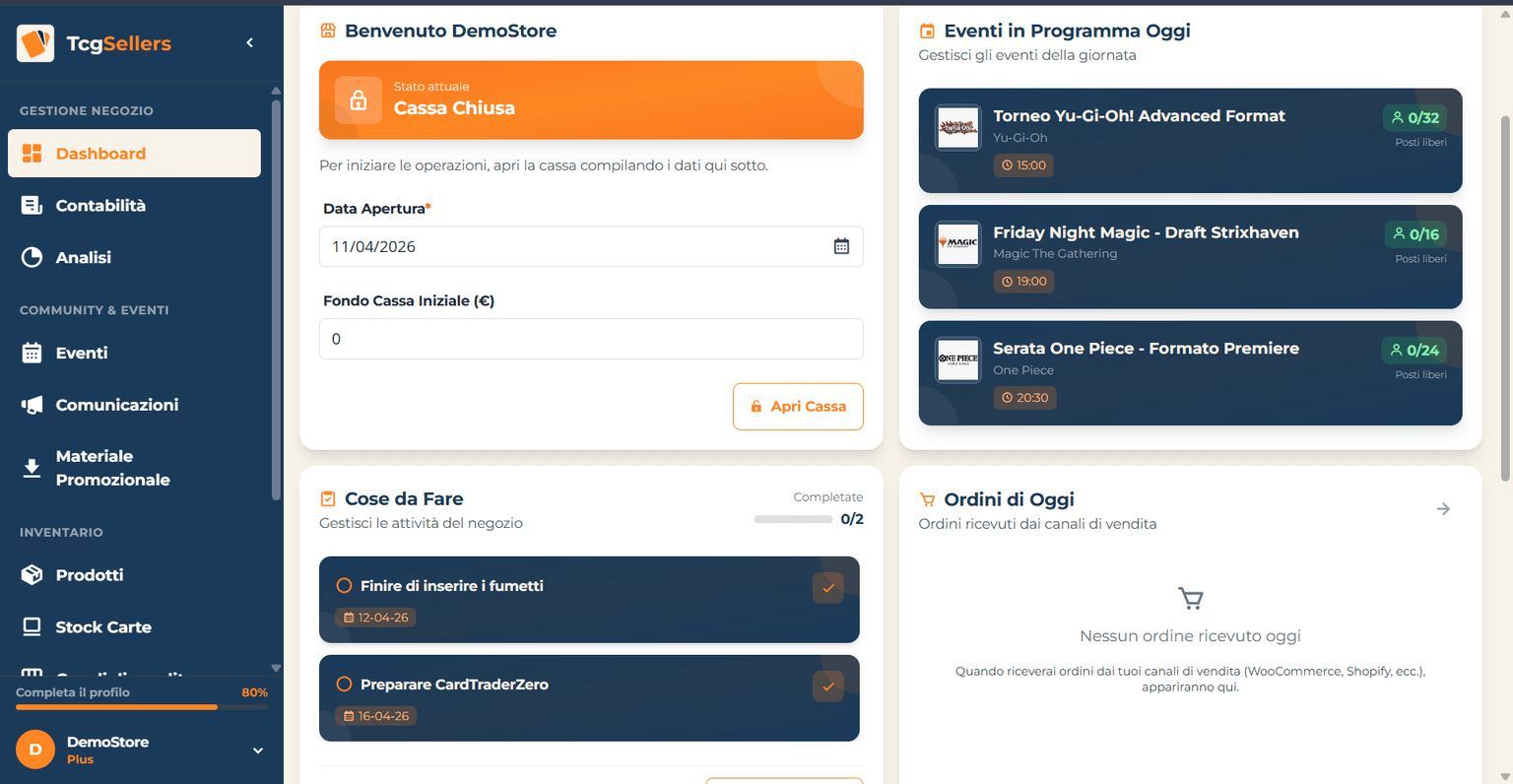 Dashboard TcgSellers con eventi, store credit e analytics