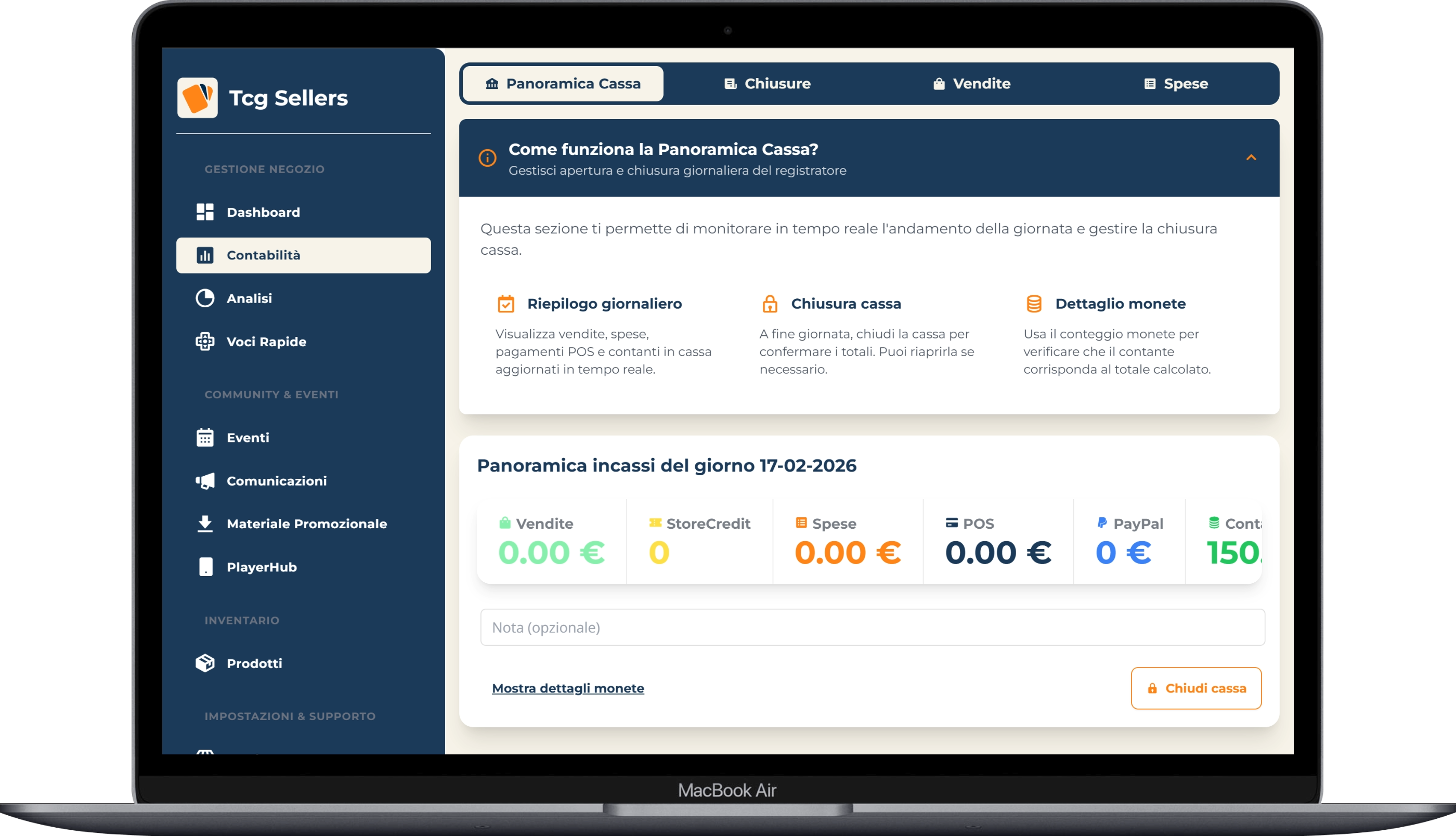 Chiusura cassa completa - Riepilogo vendite, POS, PayPal e contanti giornalieri