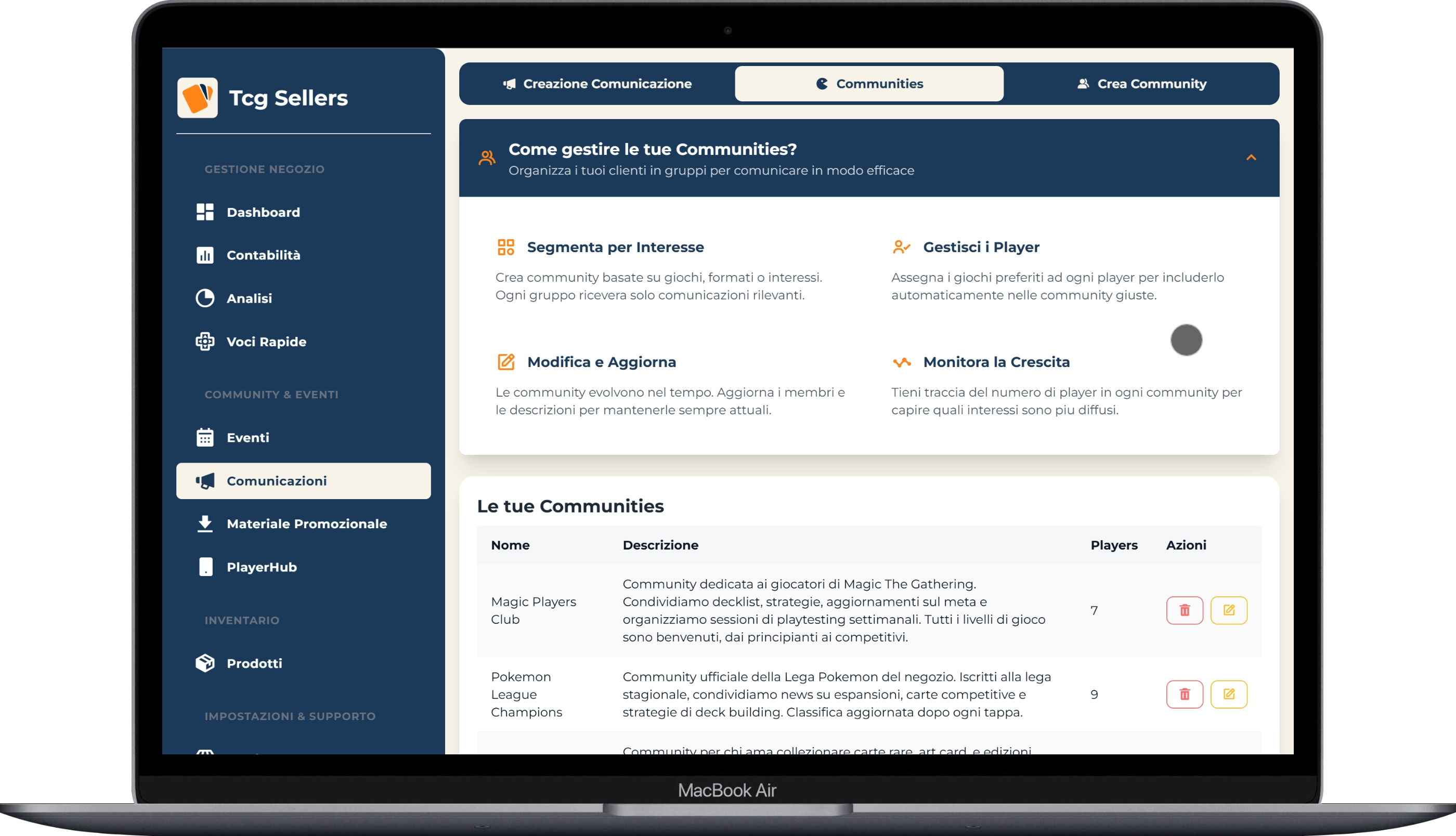 Community personalizzate TcgSellers - Giocatori competitivi, casual, collezionisti, formati specifici
