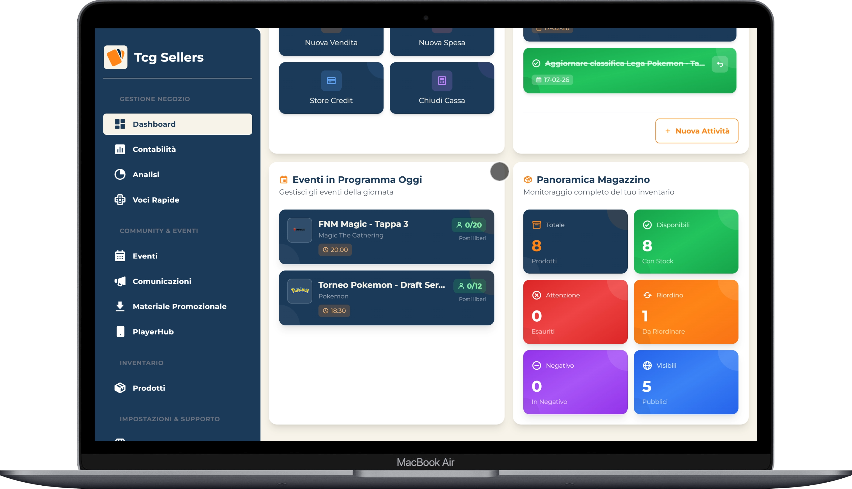 Dashboard TcgSellers - Gestione completa eventi e magazzino