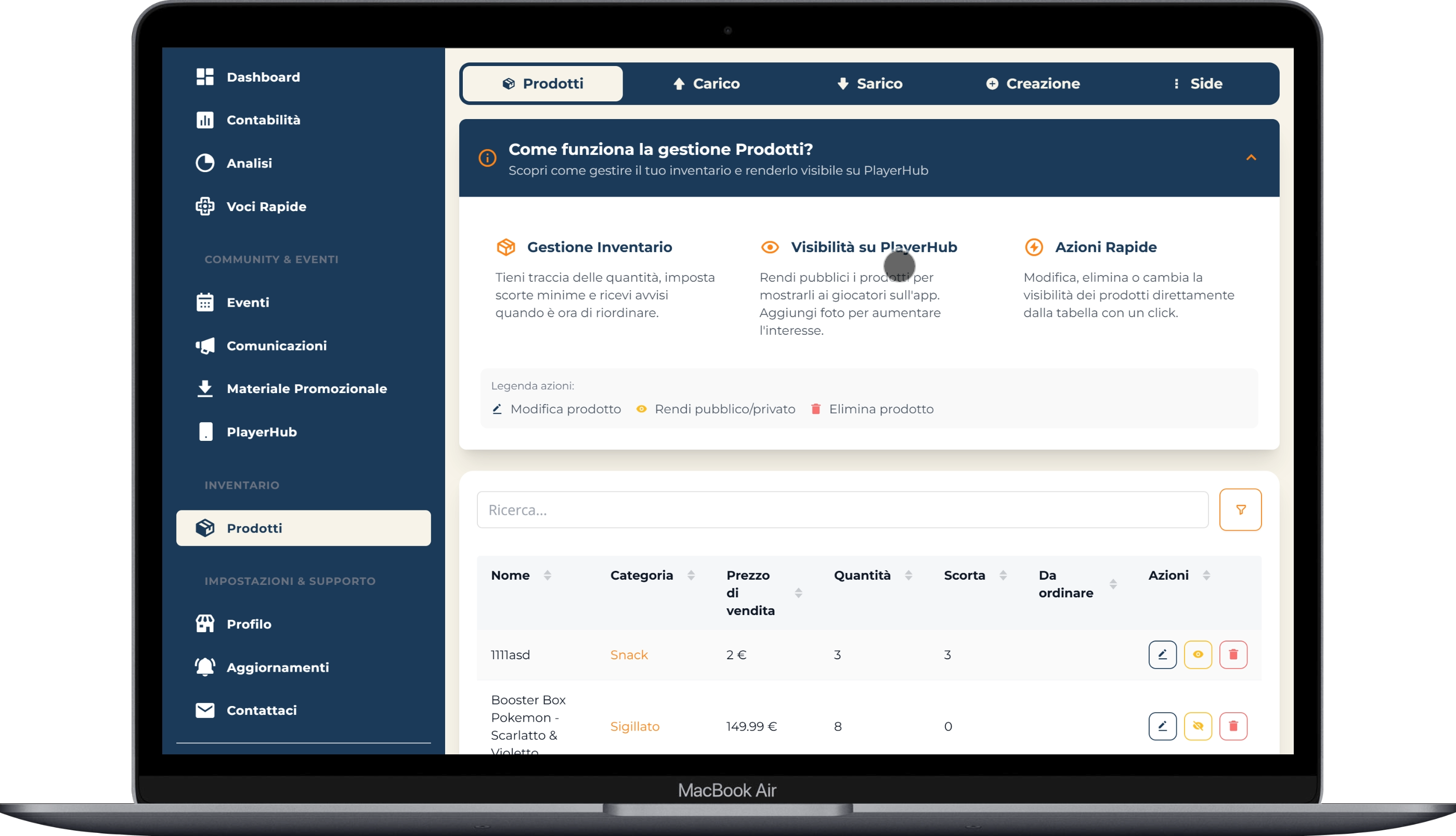 Gestione magazzino TcgSellers - Inventario prodotti con alert riordino automatico