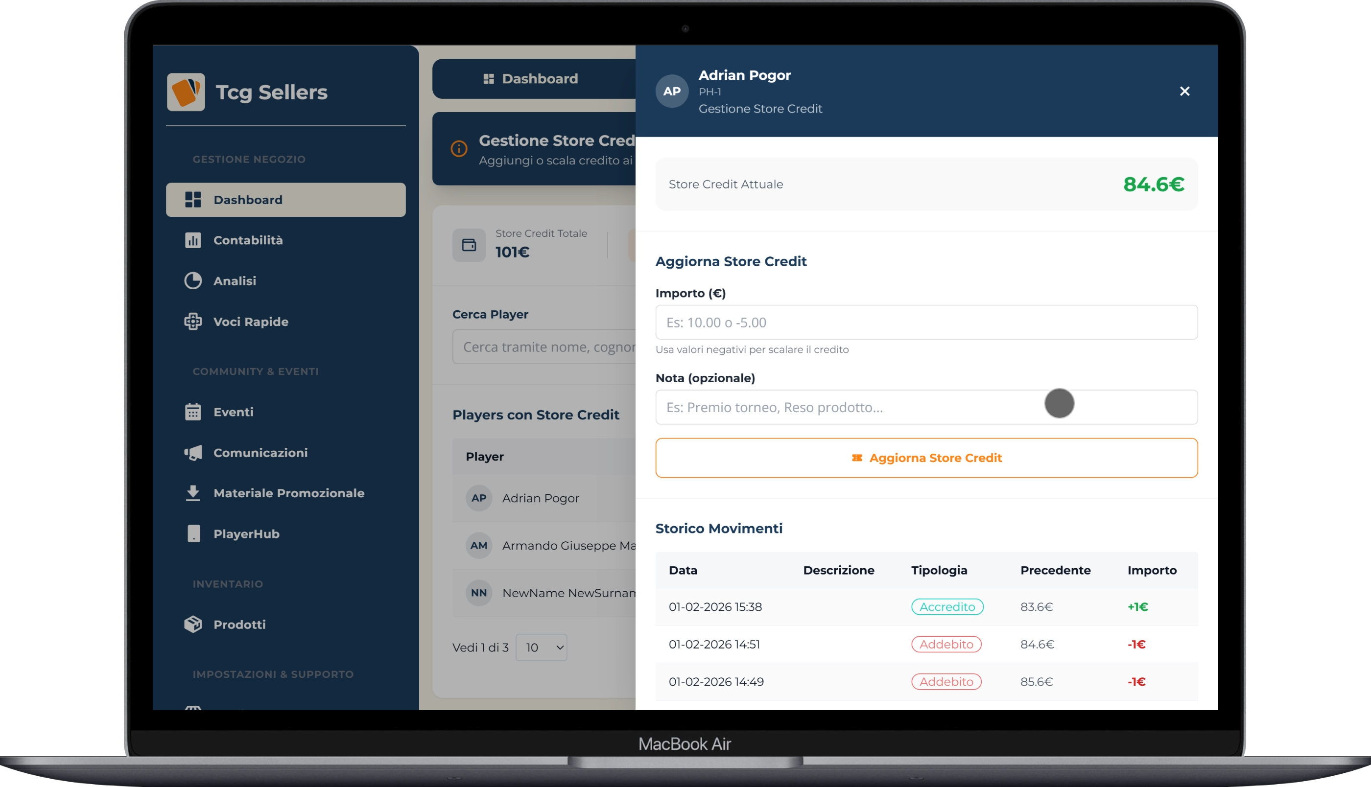 Gestione Store Credit TcgSellers - Accredita e addebita crediti con storico movimenti completo