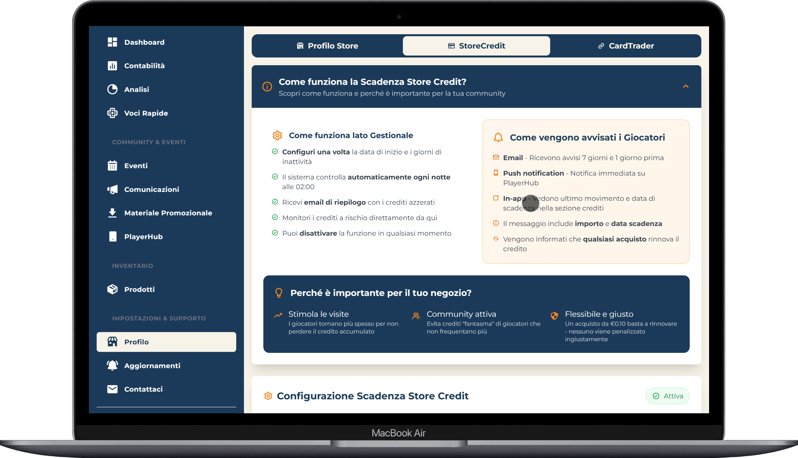 Scadenza Store Credit automatica - Notifiche email e push ai giocatori prima della scadenza