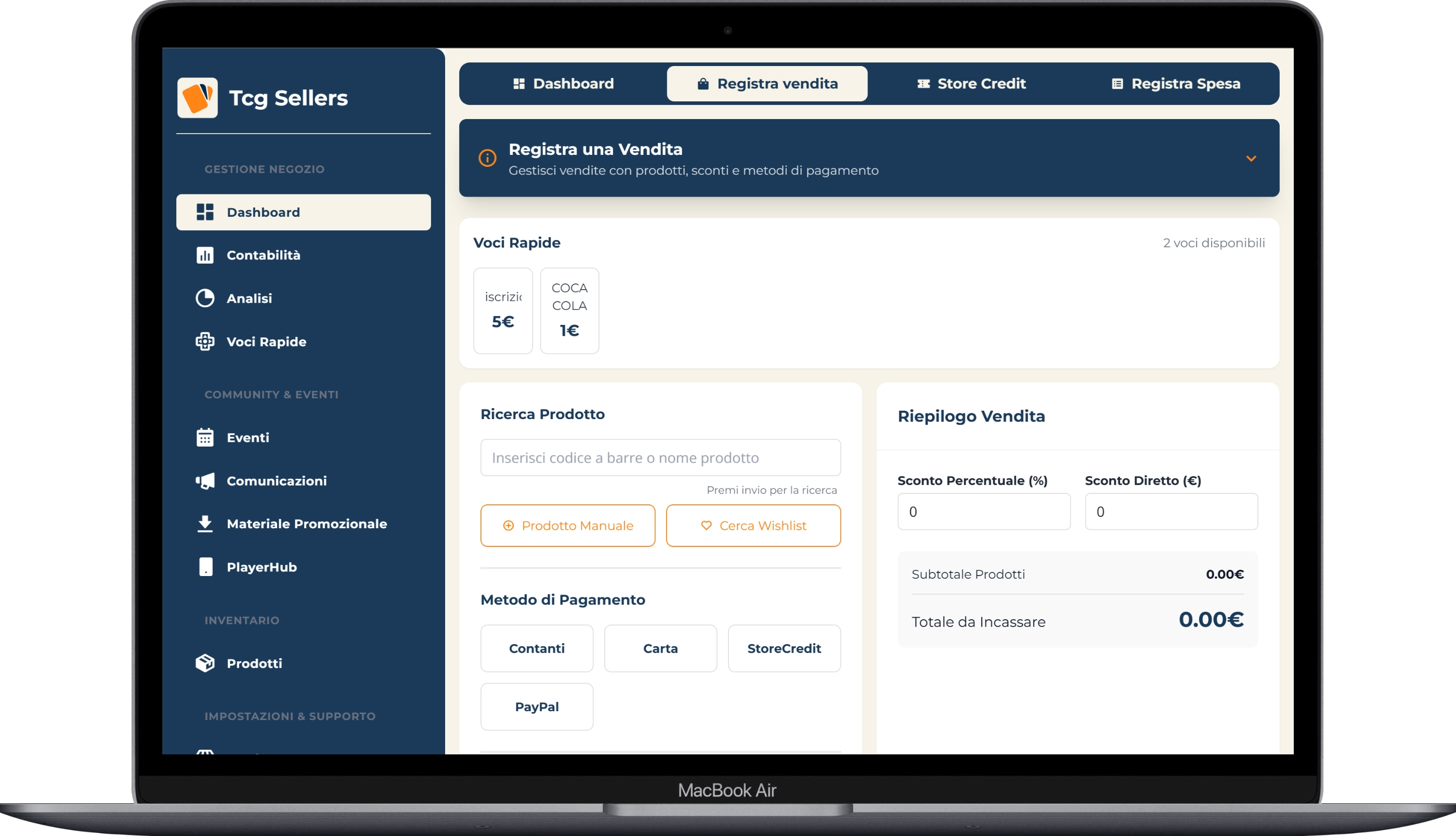 POS vendita al banco TcgSellers - Voci rapide, barcode, wishlist, sconti e PayPal